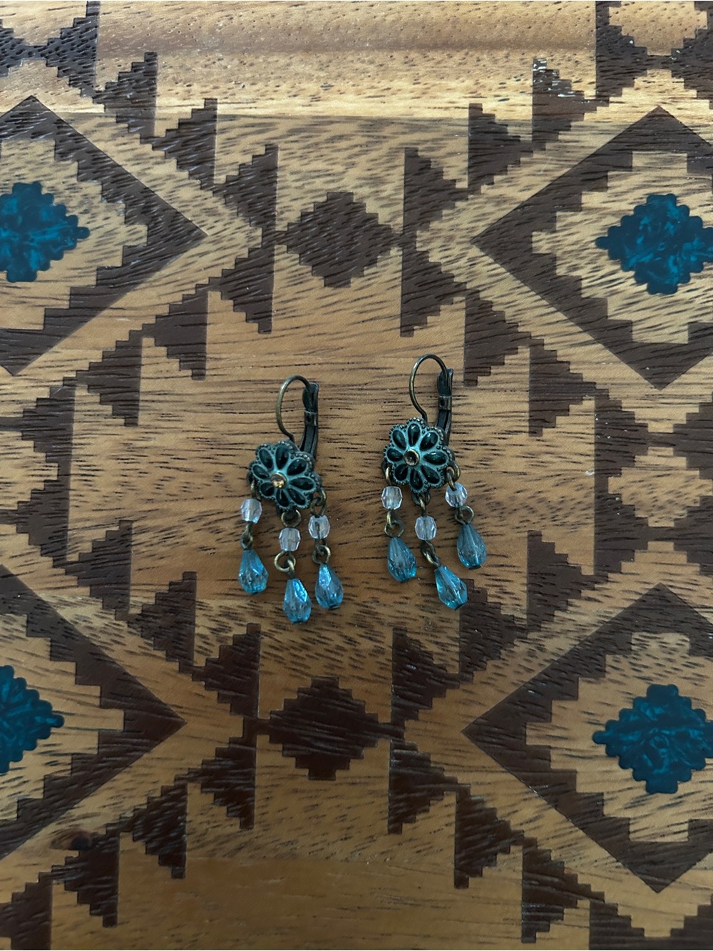 Antique-Style Teal Floral Dangle Earrings